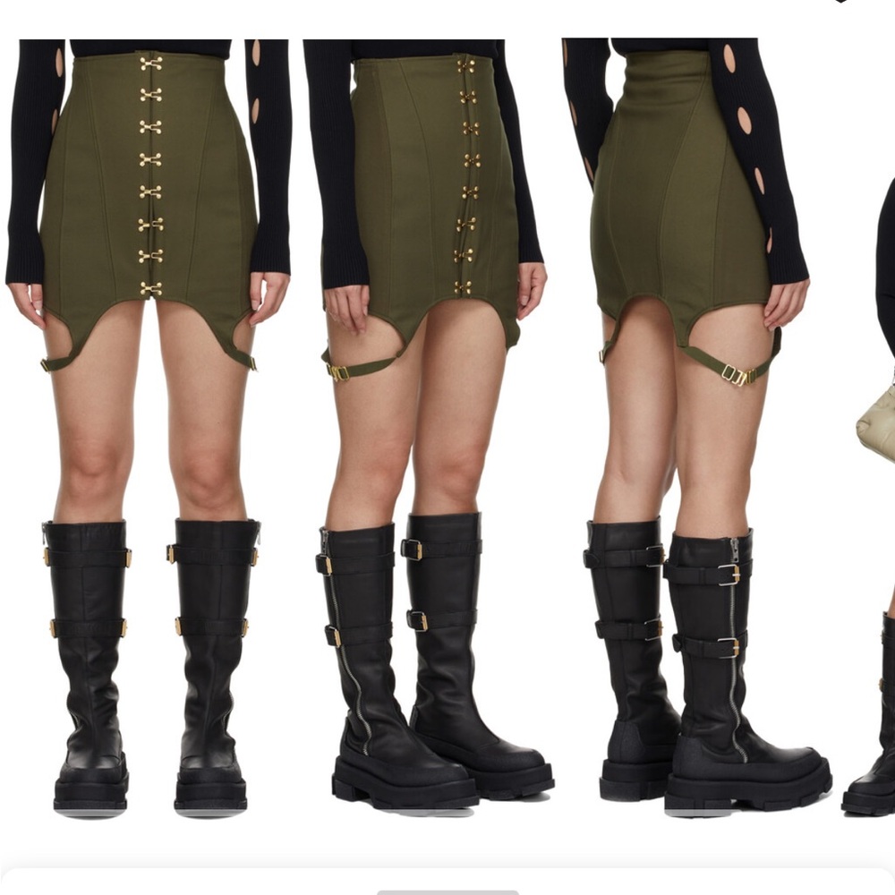 Dion Lee Olive Green Mini Skirt with Gold Hardware & Garter Straps